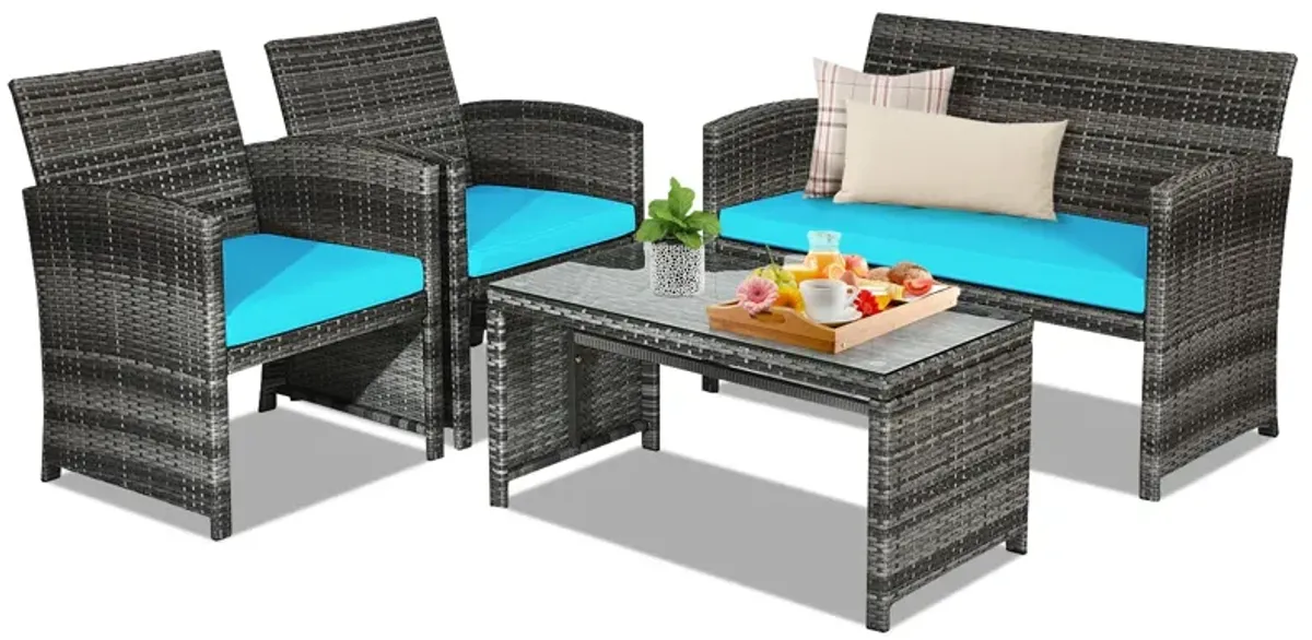 4 Pcs Patio Rattan Furniture Set Top Sofa With Glass Table