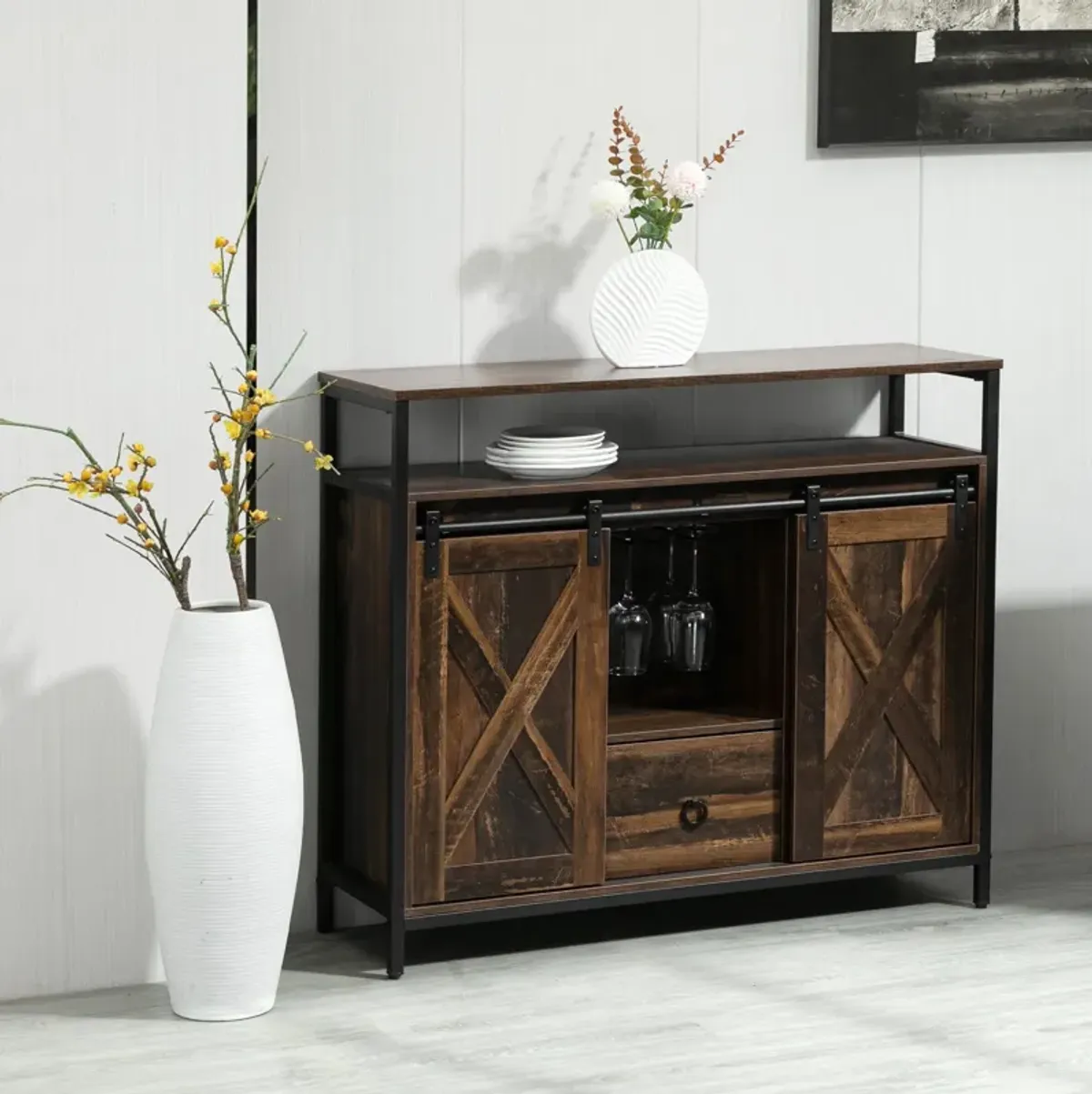 Rustic Brown Buffet: Industrial Sideboard with Sliding Barn Doors