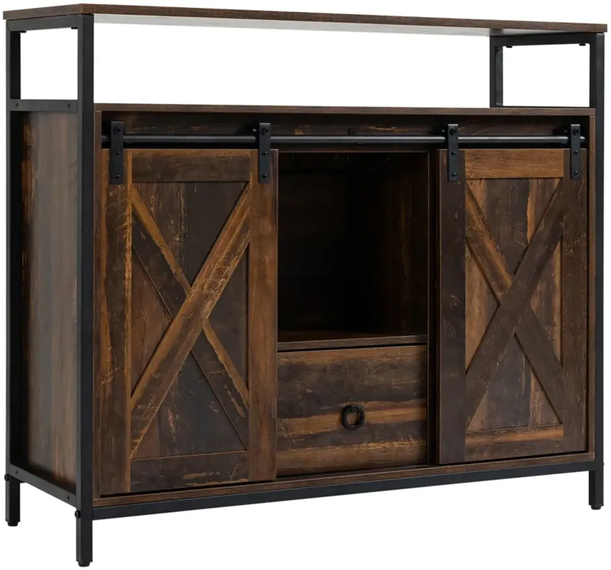 Rustic Brown Buffet: Industrial Sideboard with Sliding Barn Doors