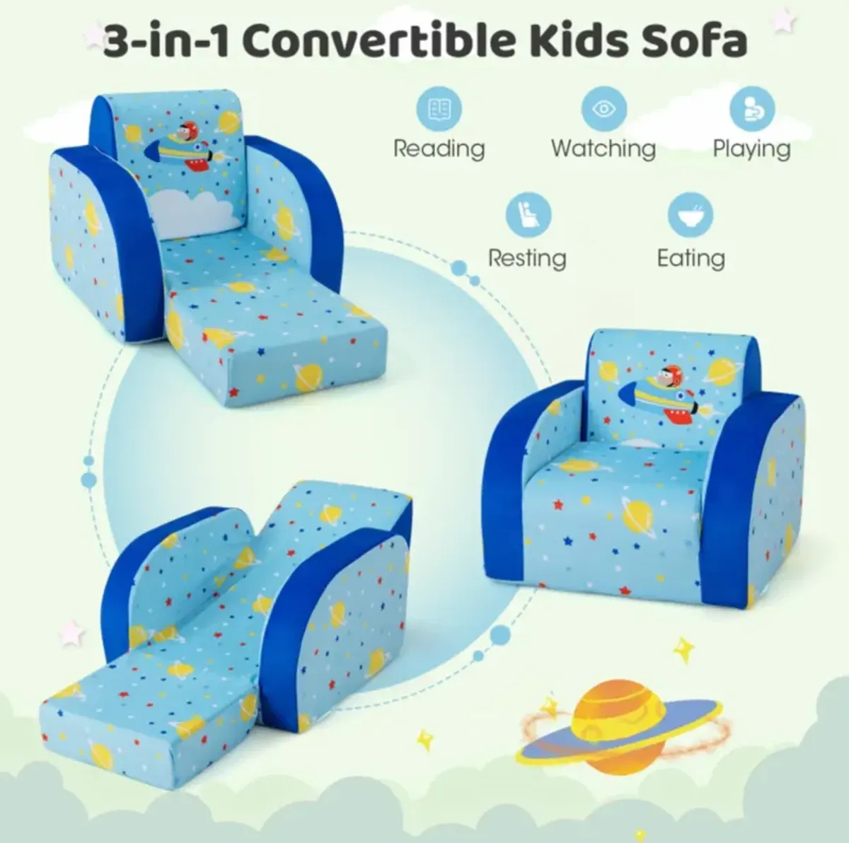 Hivvago 3 in 1 Convertible Flip Open Kids Sofa for Nap Play Sleep