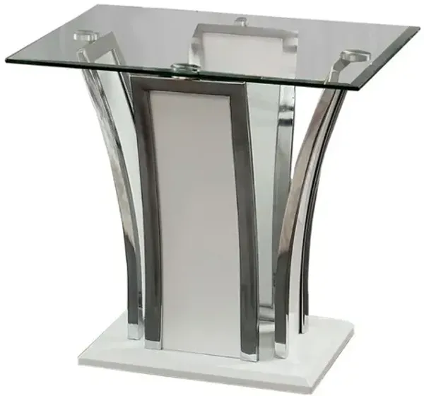 Chrome Trim Flared Base End Table with Glass Top, White and Silver-Benzara