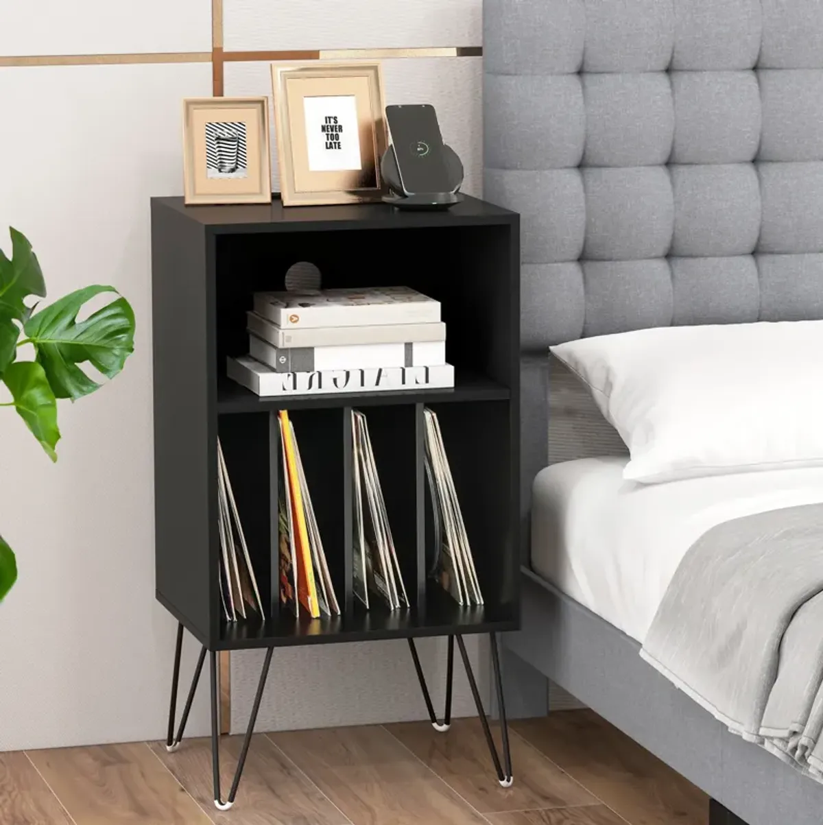 Record Player Stand with Charging Station for Living Room or Bedroom Storage and Decor