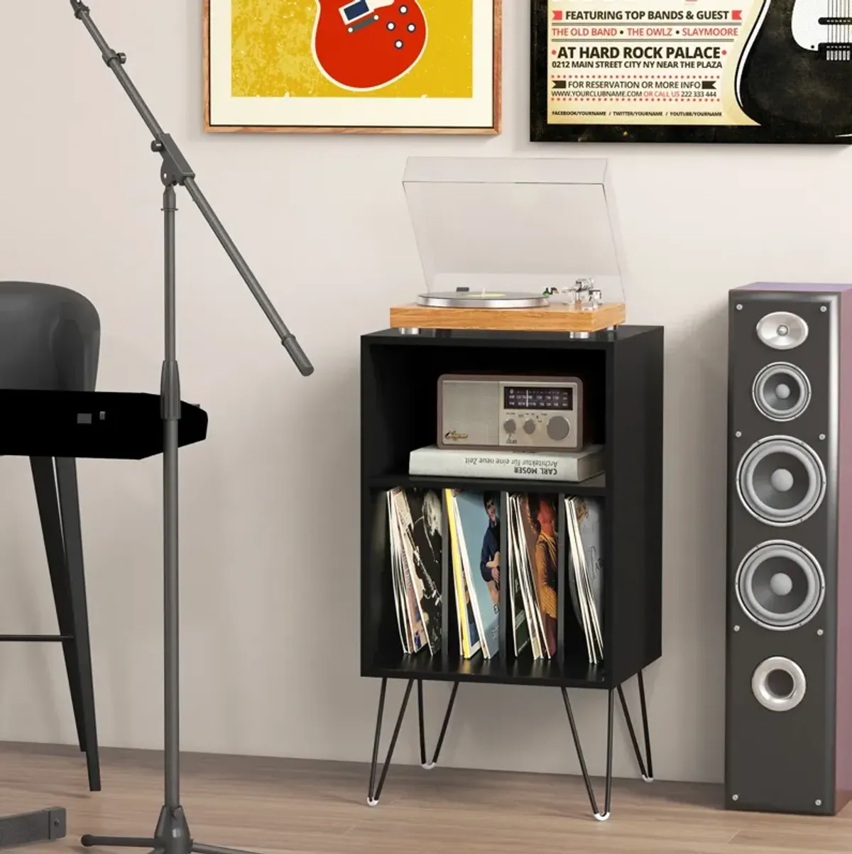 Record Player Stand with Charging Station for Living Room or Bedroom Storage and Decor