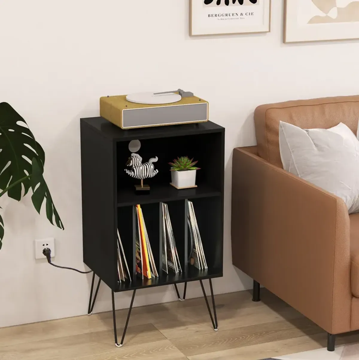 Record Player Stand with Charging Station for Living Room or Bedroom Storage and Decor