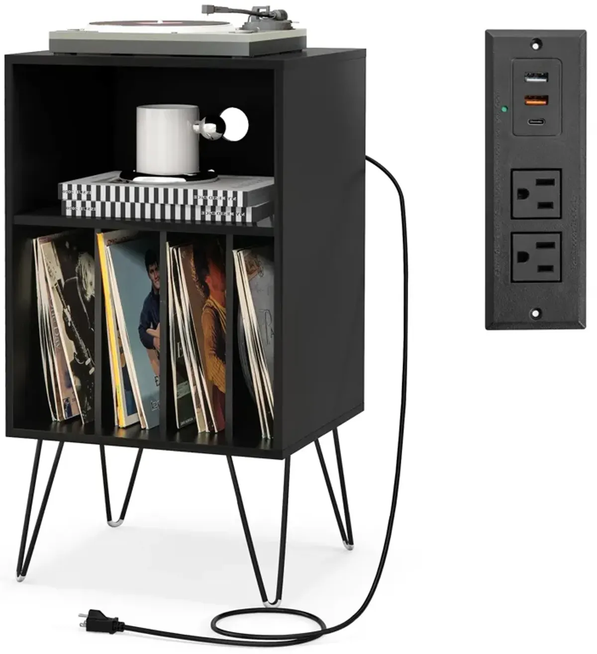 Record Player Stand with Charging Station for Living Room or Bedroom Storage and Decor