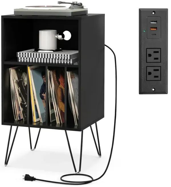 Record Player Stand with Charging Station for Living Room or Bedroom Storage and Decor