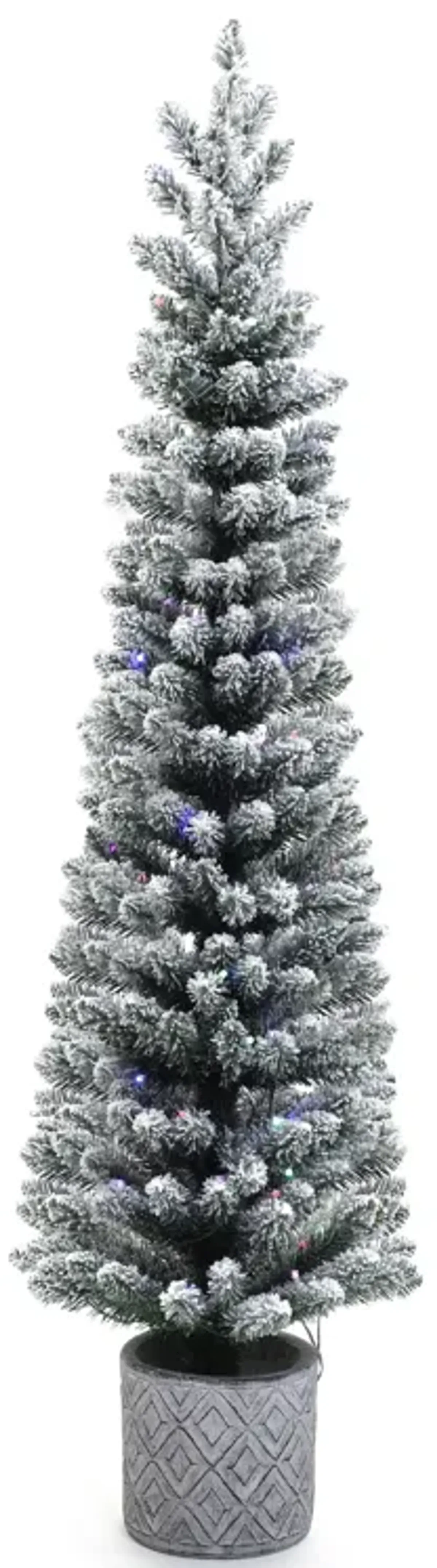 LuxenHome 5Ft Flocked Artificial Tree Potted with Multi-Color Lights