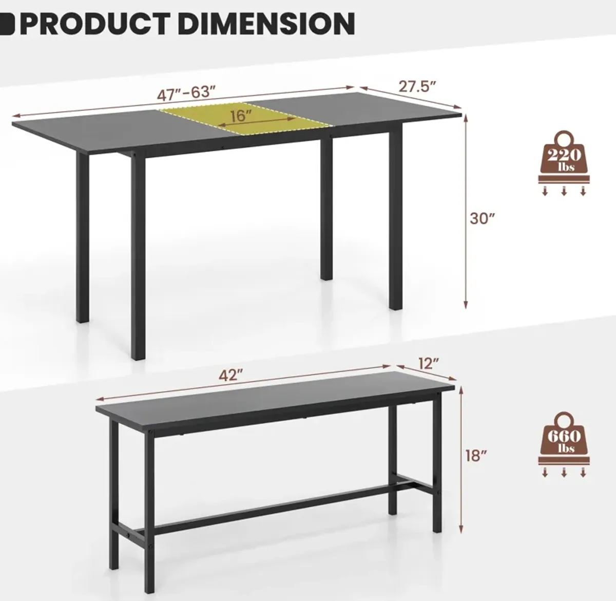 3 Piece Dining Table Set for 4-6 with 2 Benches