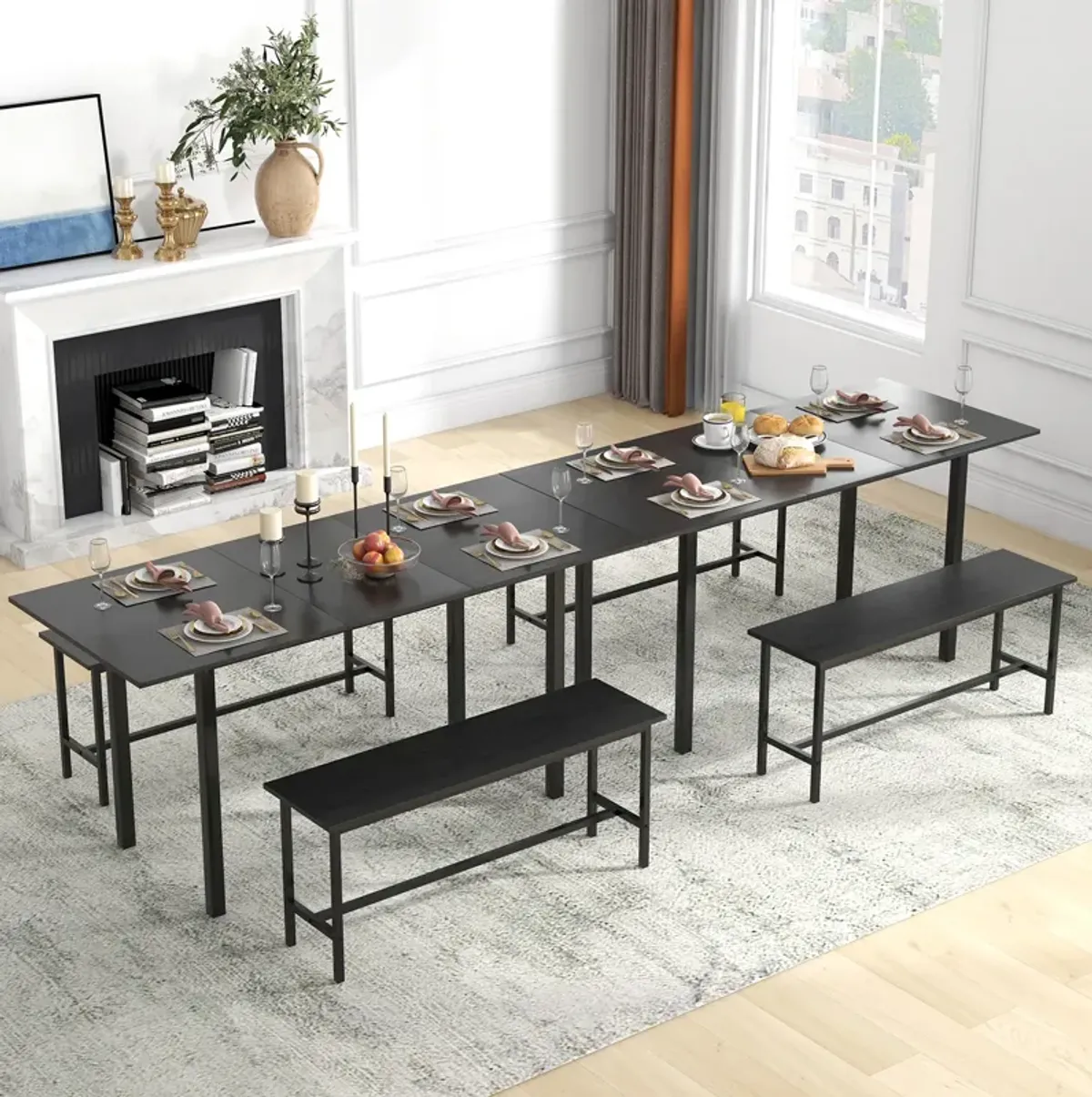 3 Piece Dining Table Set for 4-6 with 2 Benches