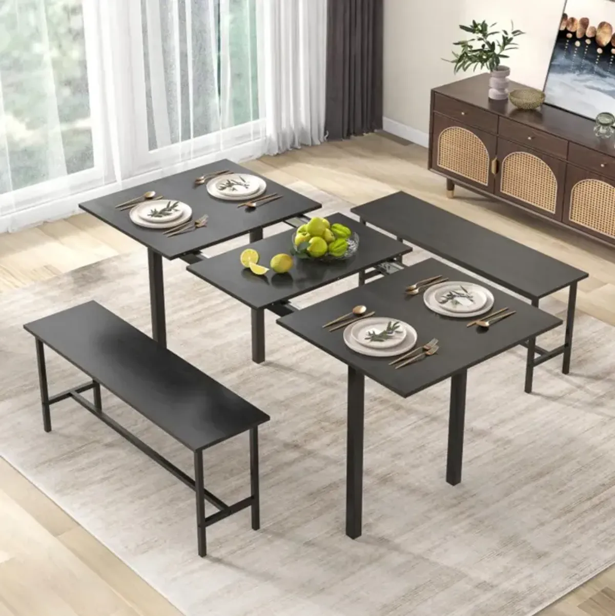 3 Piece Dining Table Set for 4-6 with 2 Benches