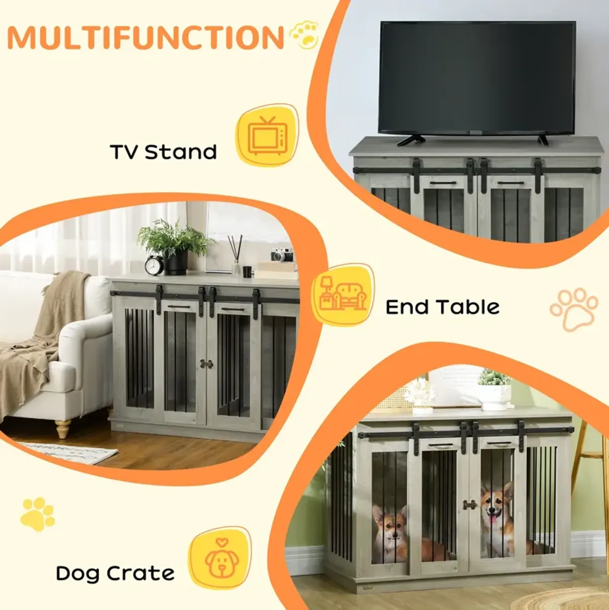 Gray Multifunctional Pet Furniture: Large Dog Crate End Table