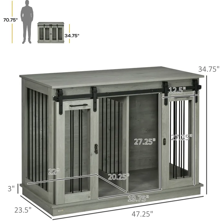 Dog Crate, Dog Cage End Table with Divider Panel, Dog Crate Furniture for Large Dog and 2 Small Dogs, Gray