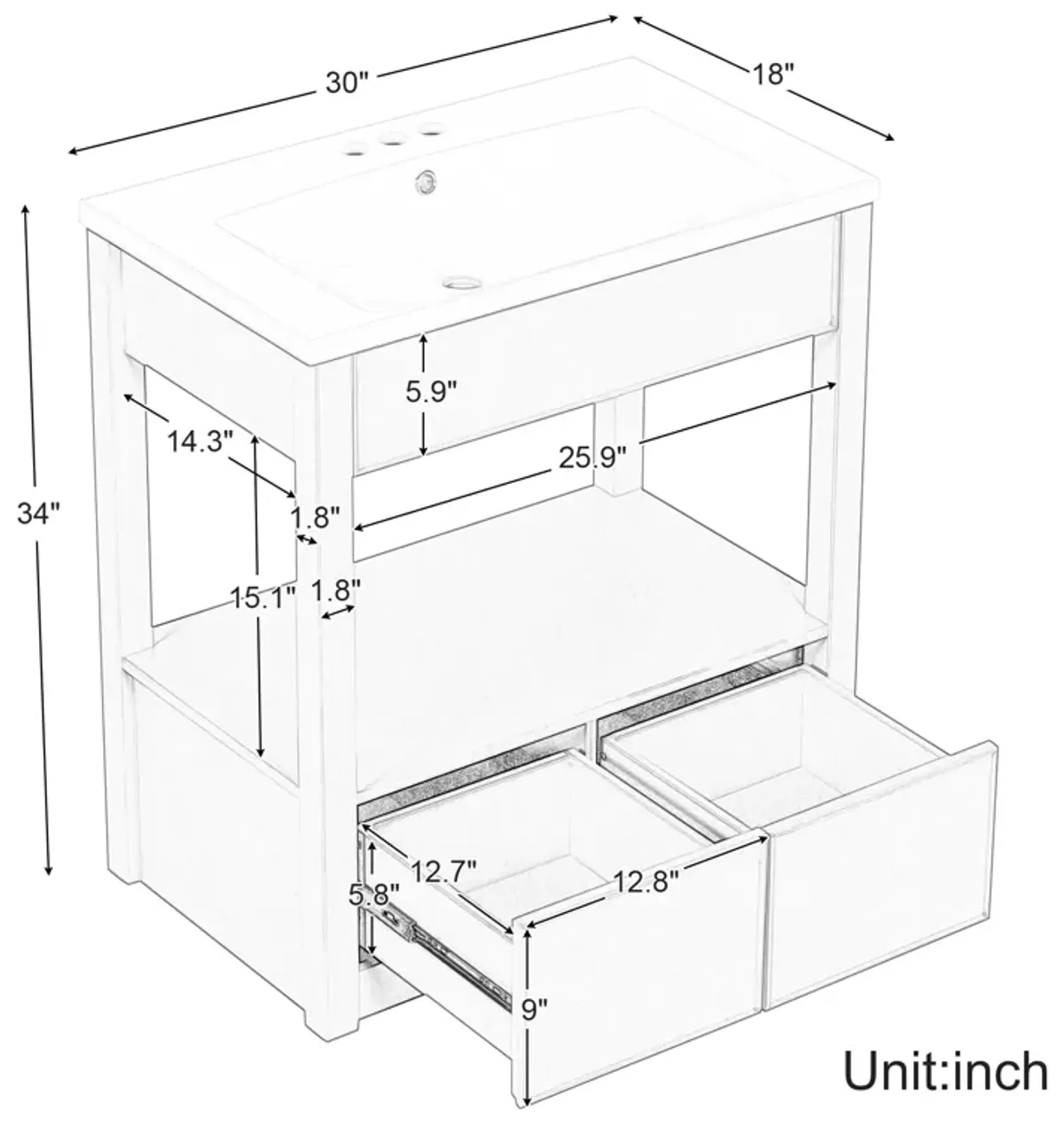 Gewnee 30" Bathroom Vanity With Sink Top, Open Storage Shelf and Two Drawers