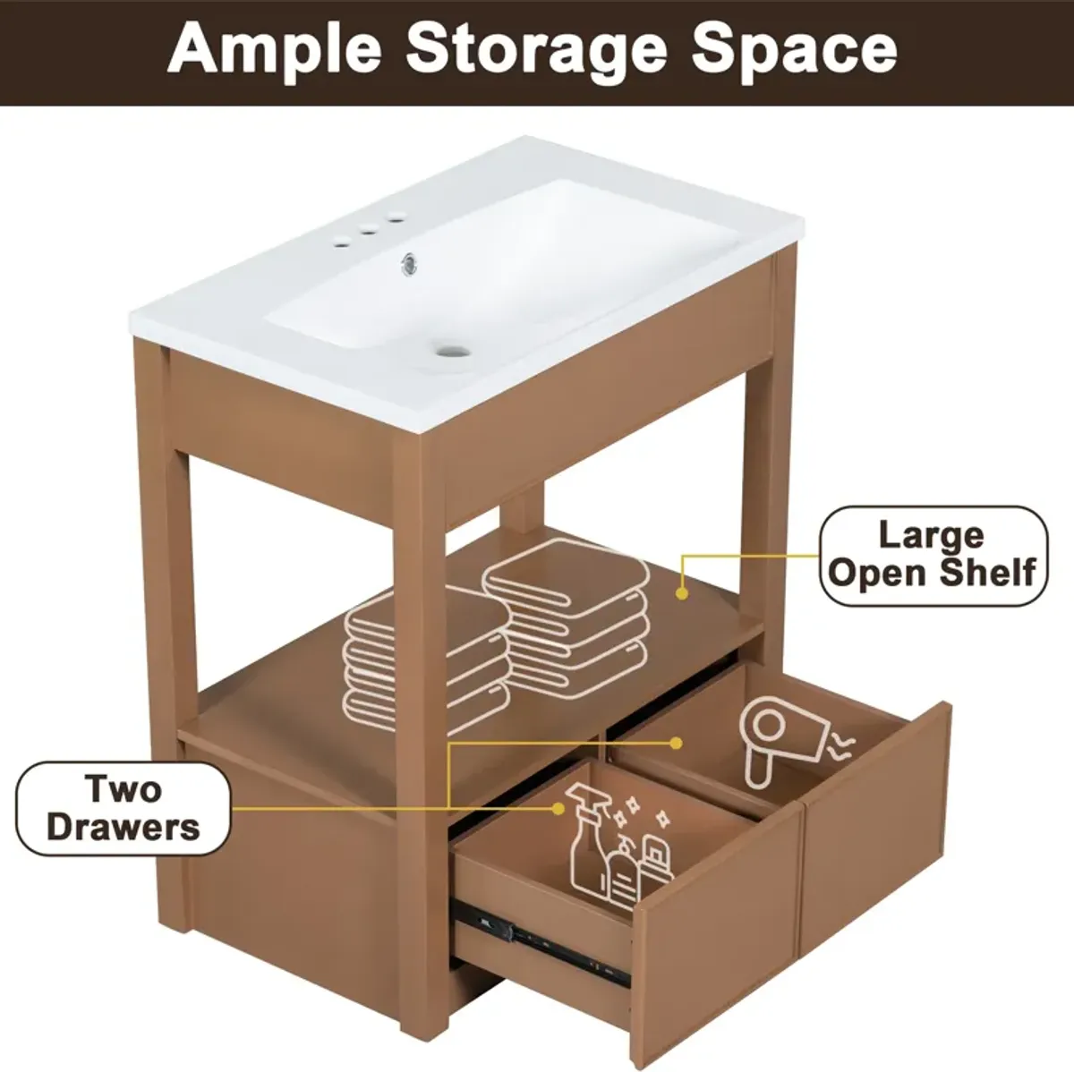 Gewnee 30" Bathroom Vanity With Sink Top, Open Storage Shelf and Two Drawers