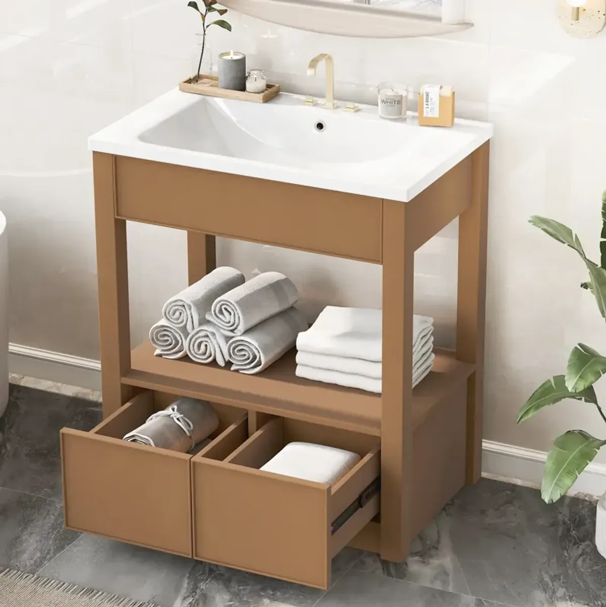 Gewnee 30" Bathroom Vanity With Sink Top, Open Storage Shelf and Two Drawers