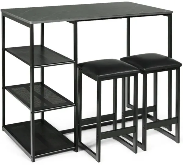 3 pcs Dining Set with Faux Marble Top Table and 2 Stools