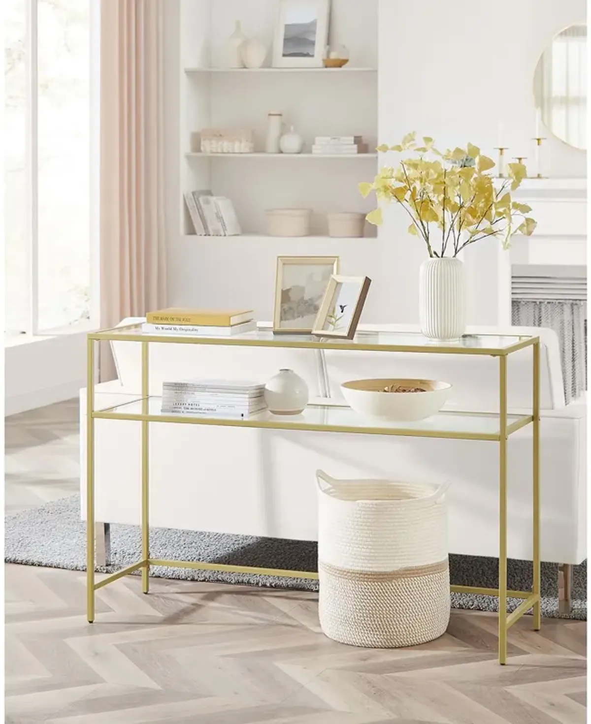 Modern Console Table with Tempered Glass & Metal Frame - Gold, 2 Shelves