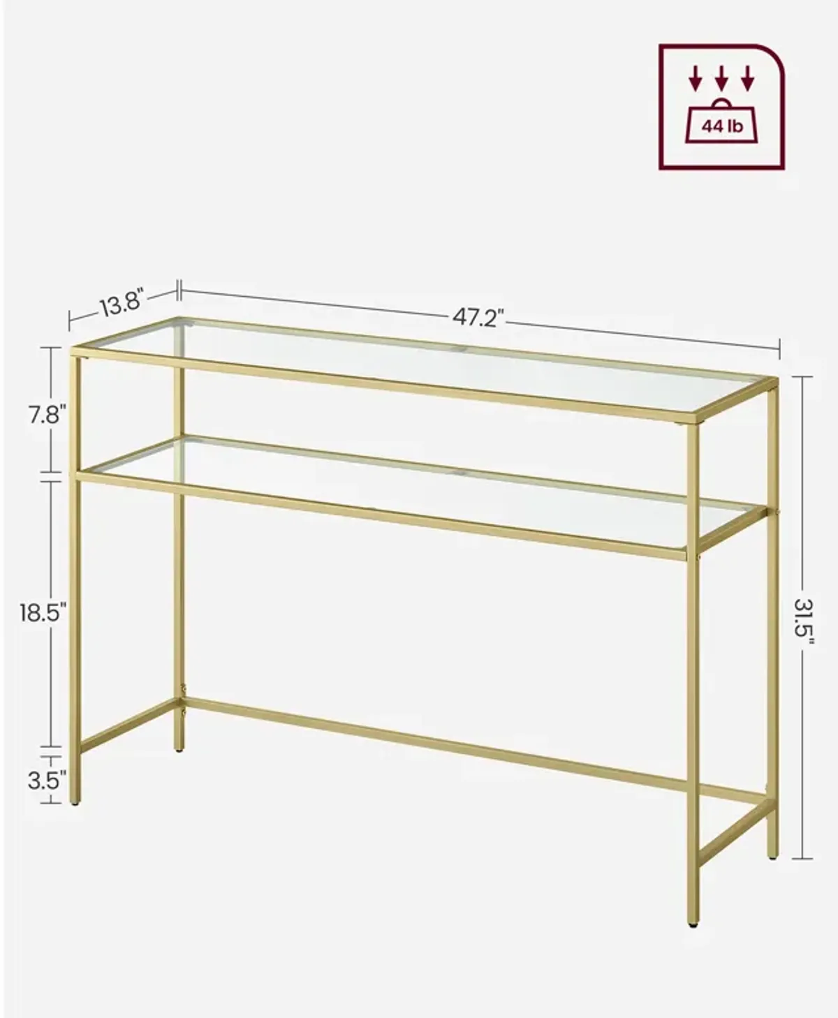 Modern Console Table with Tempered Glass & Metal Frame - Gold, 2 Shelves