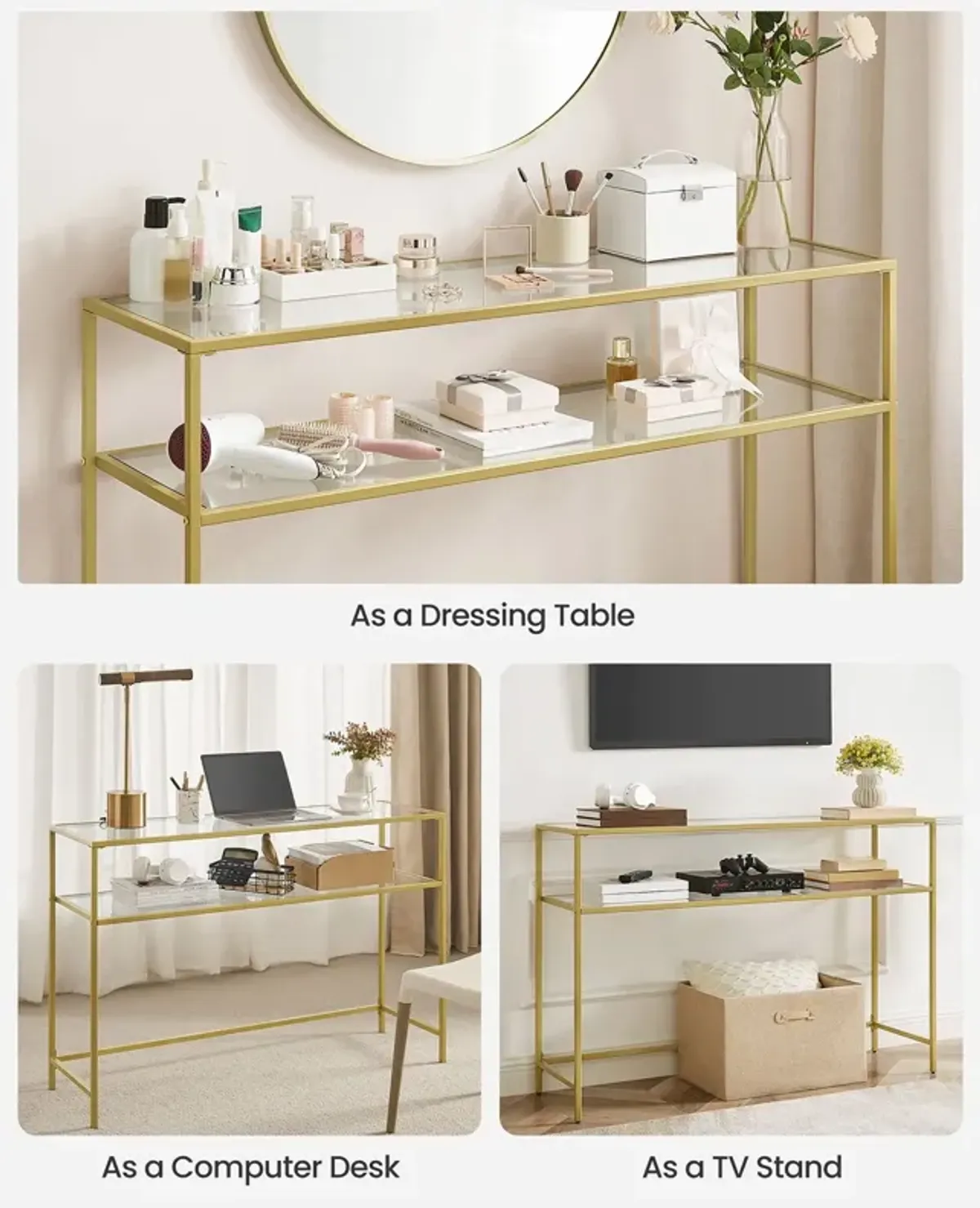 Modern Console Table with Tempered Glass & Metal Frame - Gold, 2 Shelves