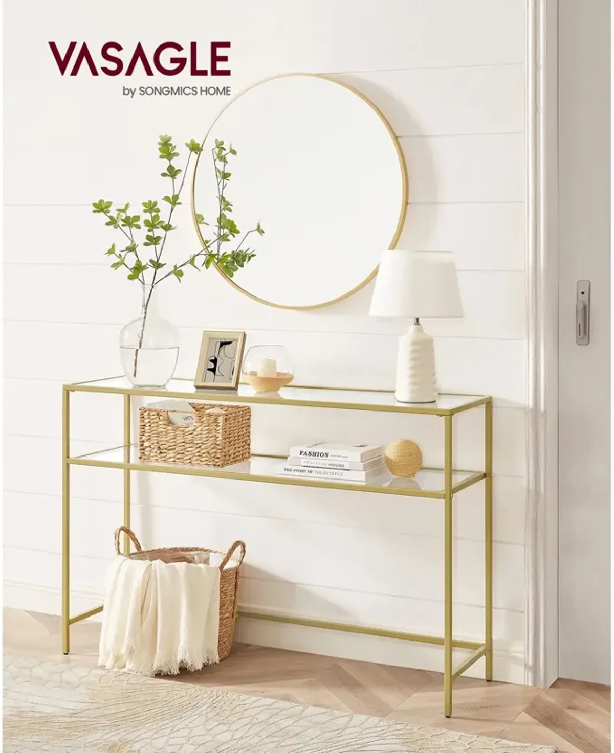 Modern Console Table with Tempered Glass & Metal Frame - Gold, 2 Shelves