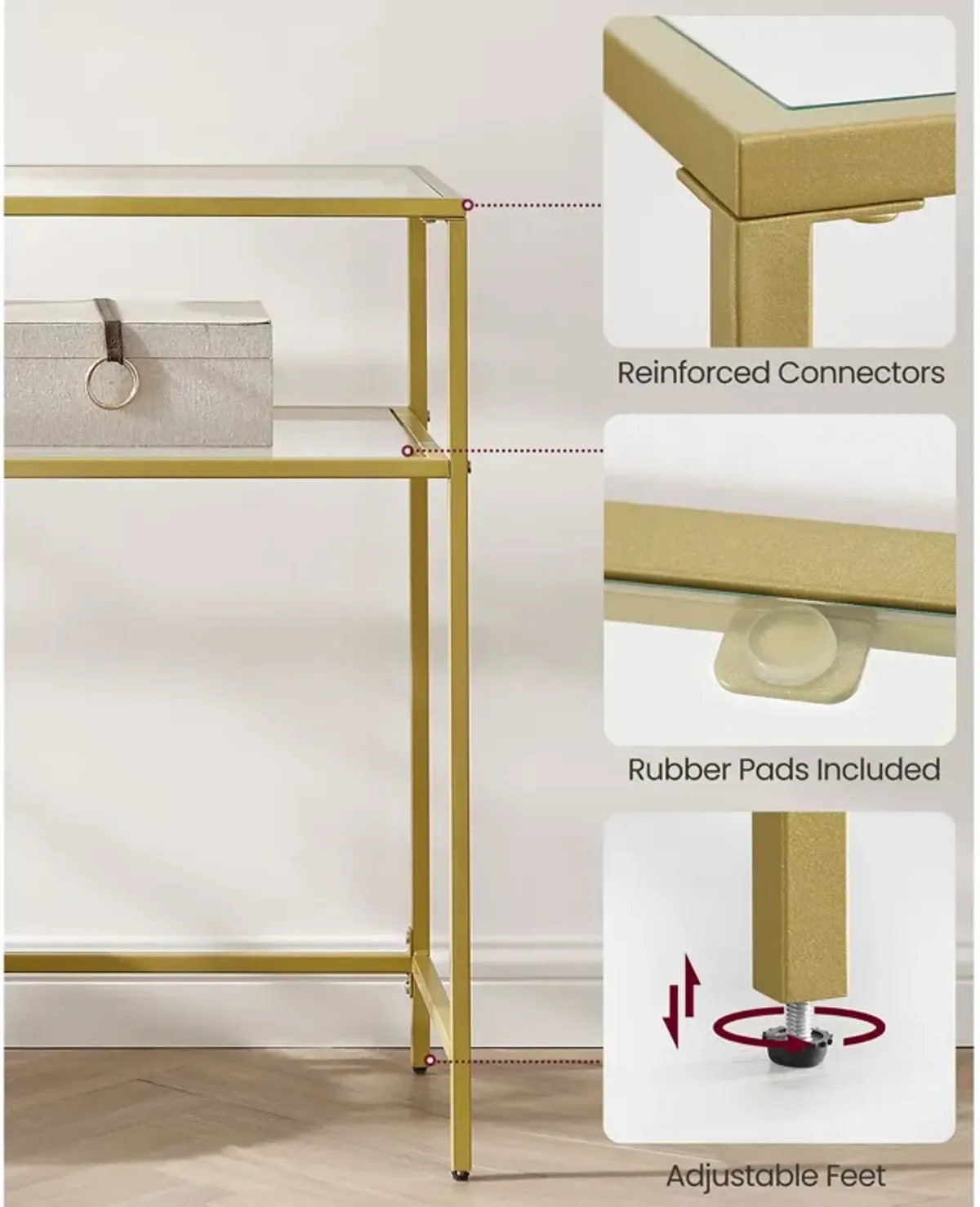 Modern Console Table with Tempered Glass & Metal Frame - Gold, 2 Shelves