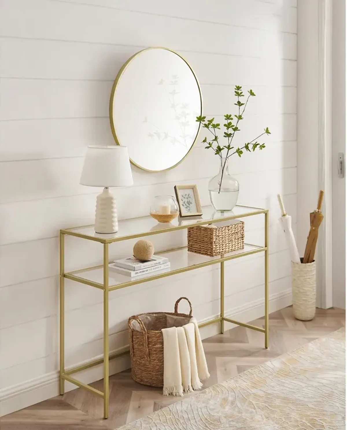 Modern Console Table with Tempered Glass & Metal Frame - Gold, 2 Shelves