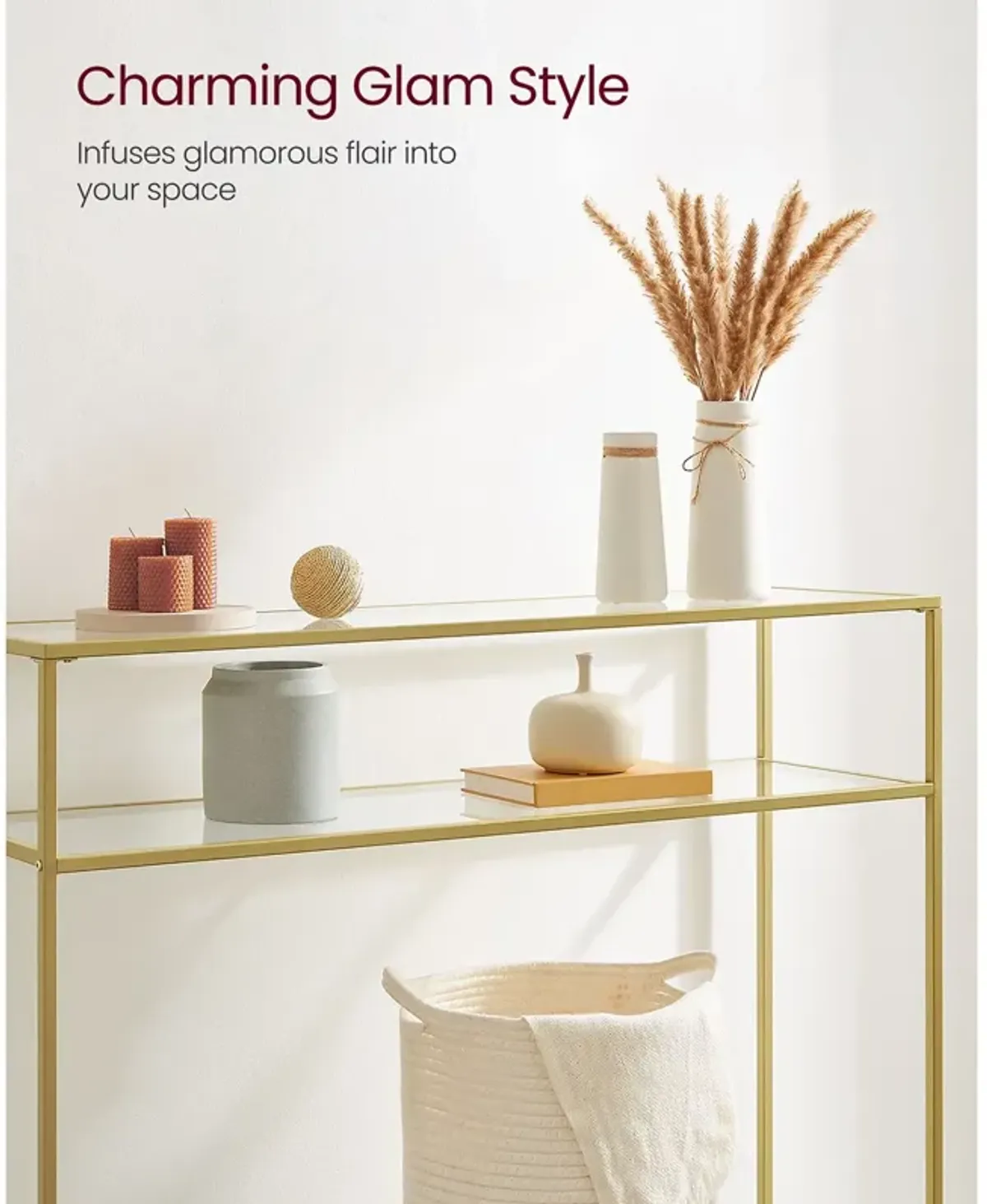 Modern Console Table with Tempered Glass & Metal Frame - Gold, 2 Shelves