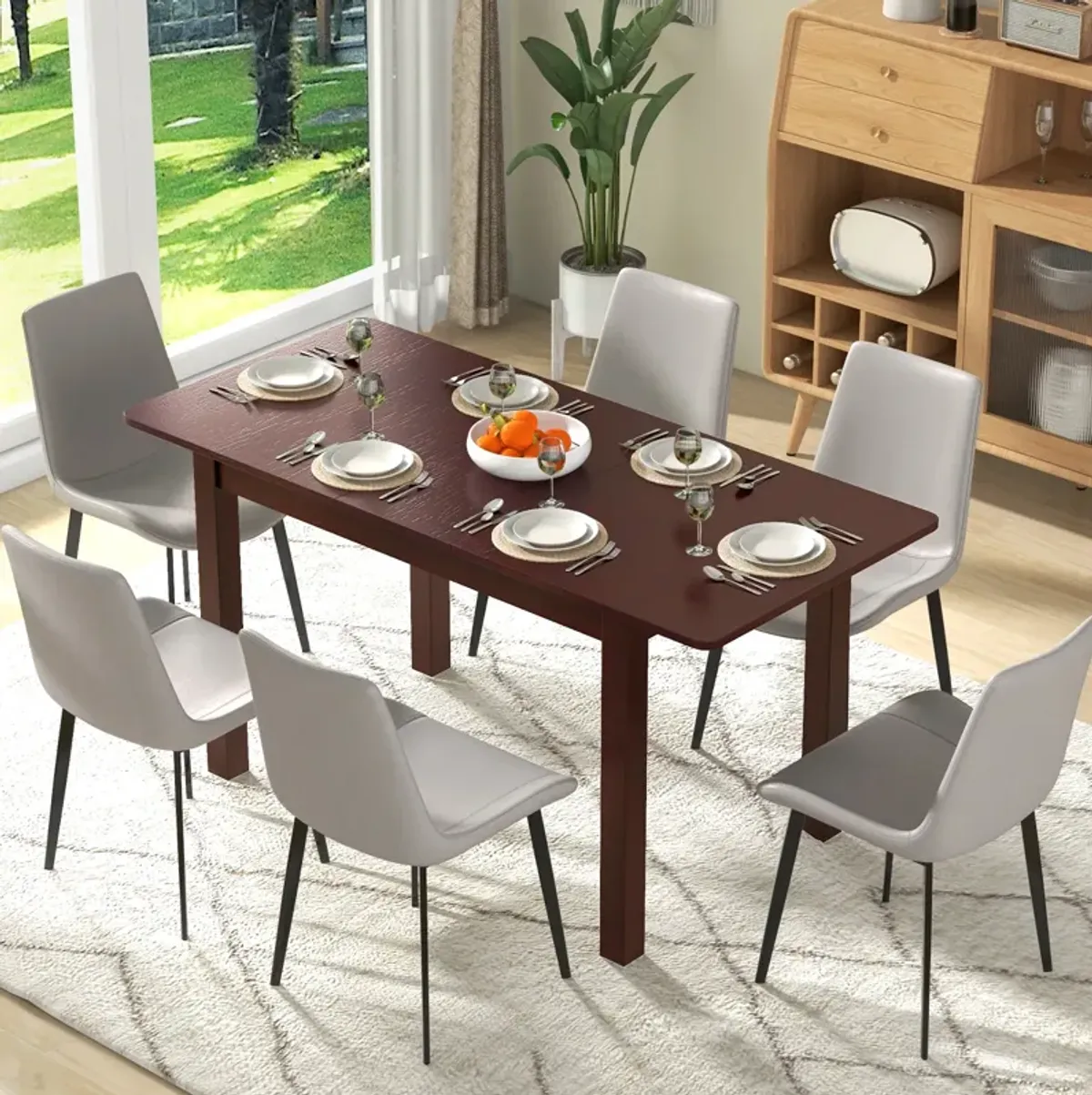 Extendable Folding Dining Table with Rubber Wood Frame and Safety Locks