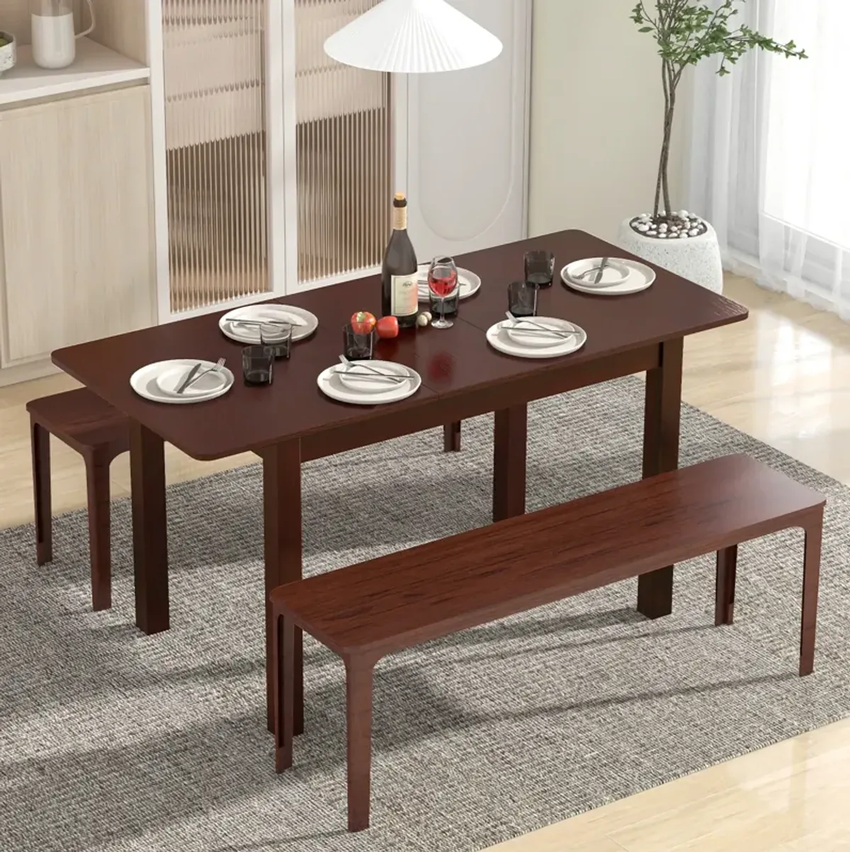 Extendable Folding Dining Table with Rubber Wood Frame and Safety Locks