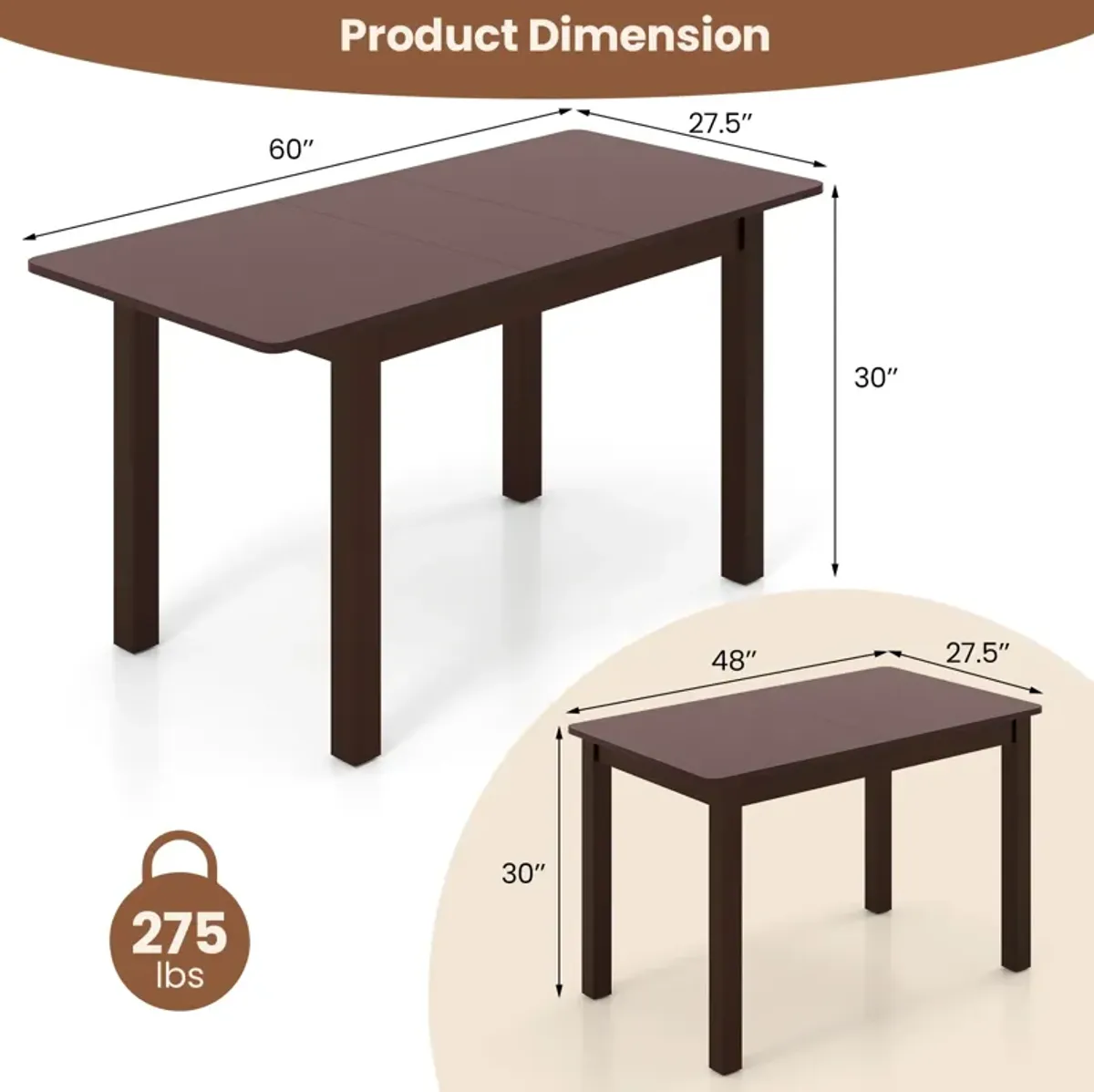 Extendable Folding Dining Table with Rubber Wood Frame and Safety Locks