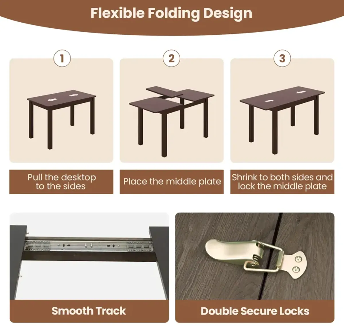 Extendable Folding Dining Table with Rubber Wood Frame and Safety Locks