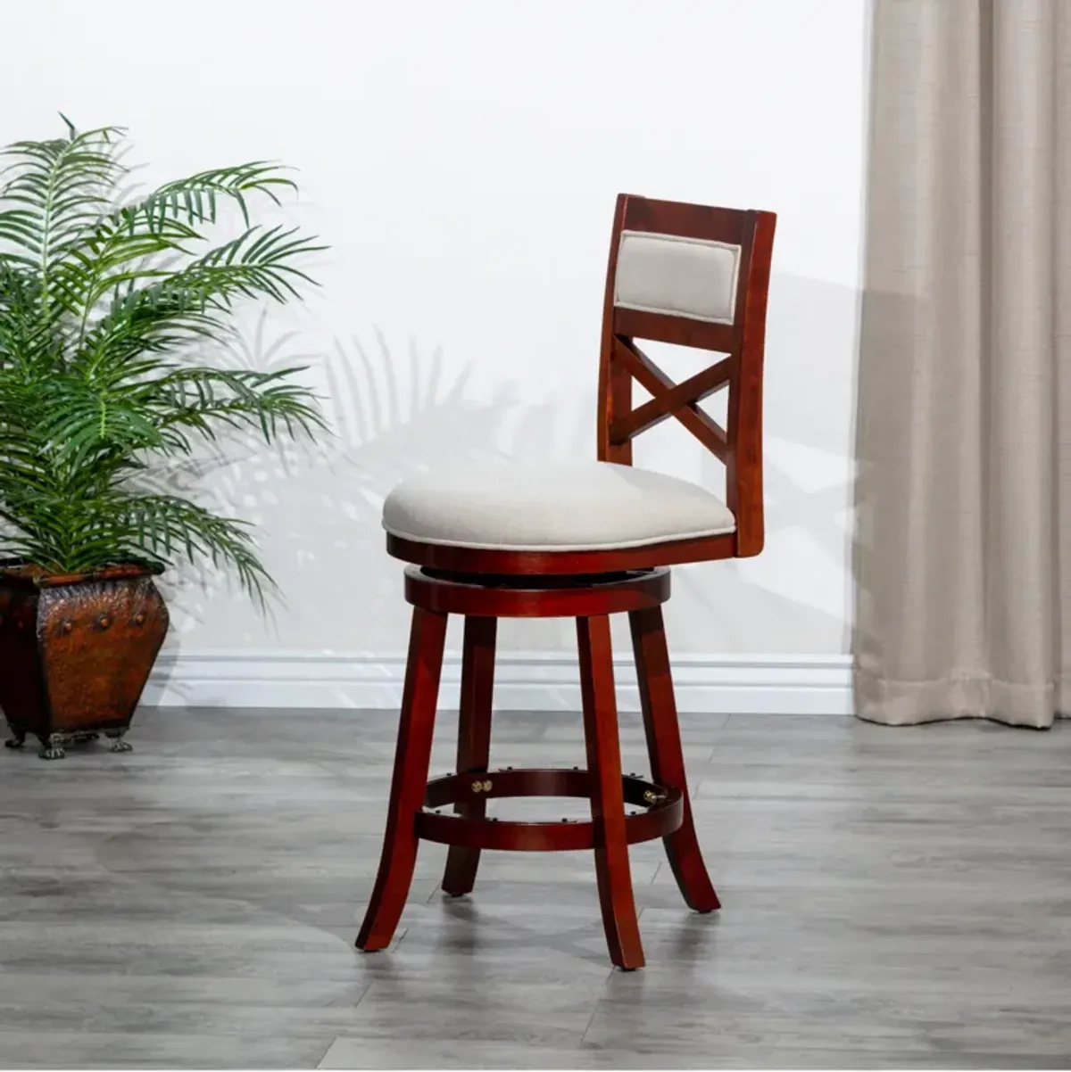 30" Bar Height X-Back Swivel Stool, Cherry Finish, Beige Fabric Seat