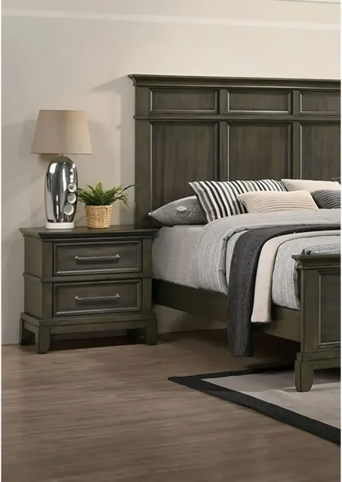 Contemporary 1 Piece Nightstand Gray Color Solid Wood Veneer Pewter Bar Pulls Crown Molding Details