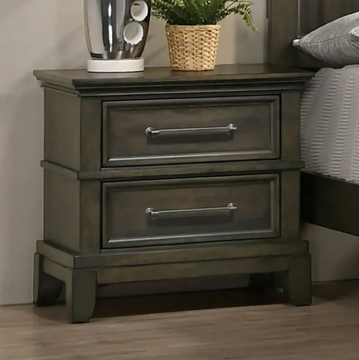 Contemporary 1 Piece Nightstand Gray Color Solid Wood Veneer Pewter Bar Pulls Crown Molding Details