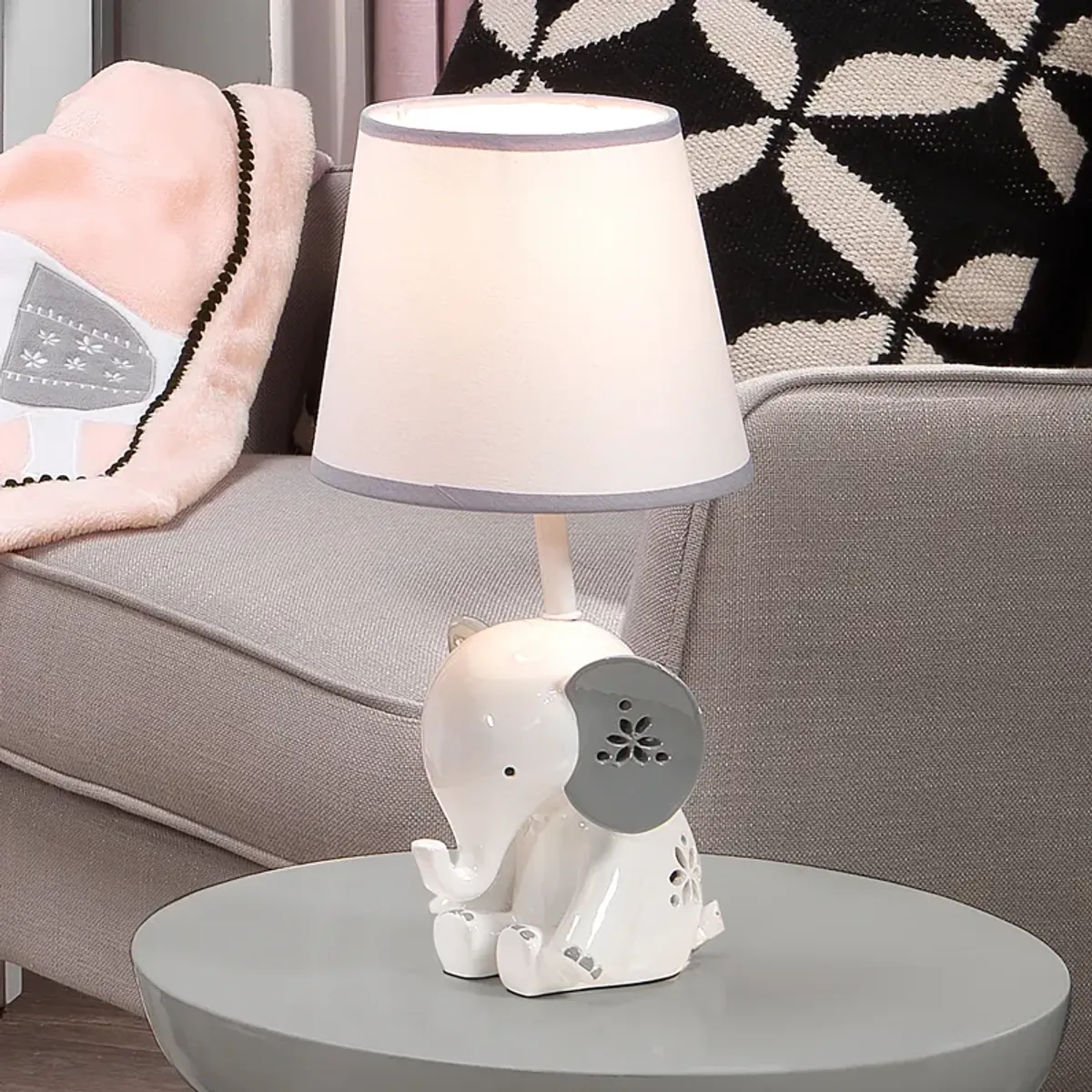 Lambs & Ivy Happy Jungle White/Grey Elephant Nursery Lamp with Shade & Bulb