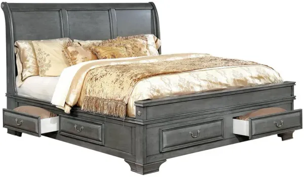 Transitional Eastern King Wooden Bed with Multiple Bottom Drawers, Gray-Benzara