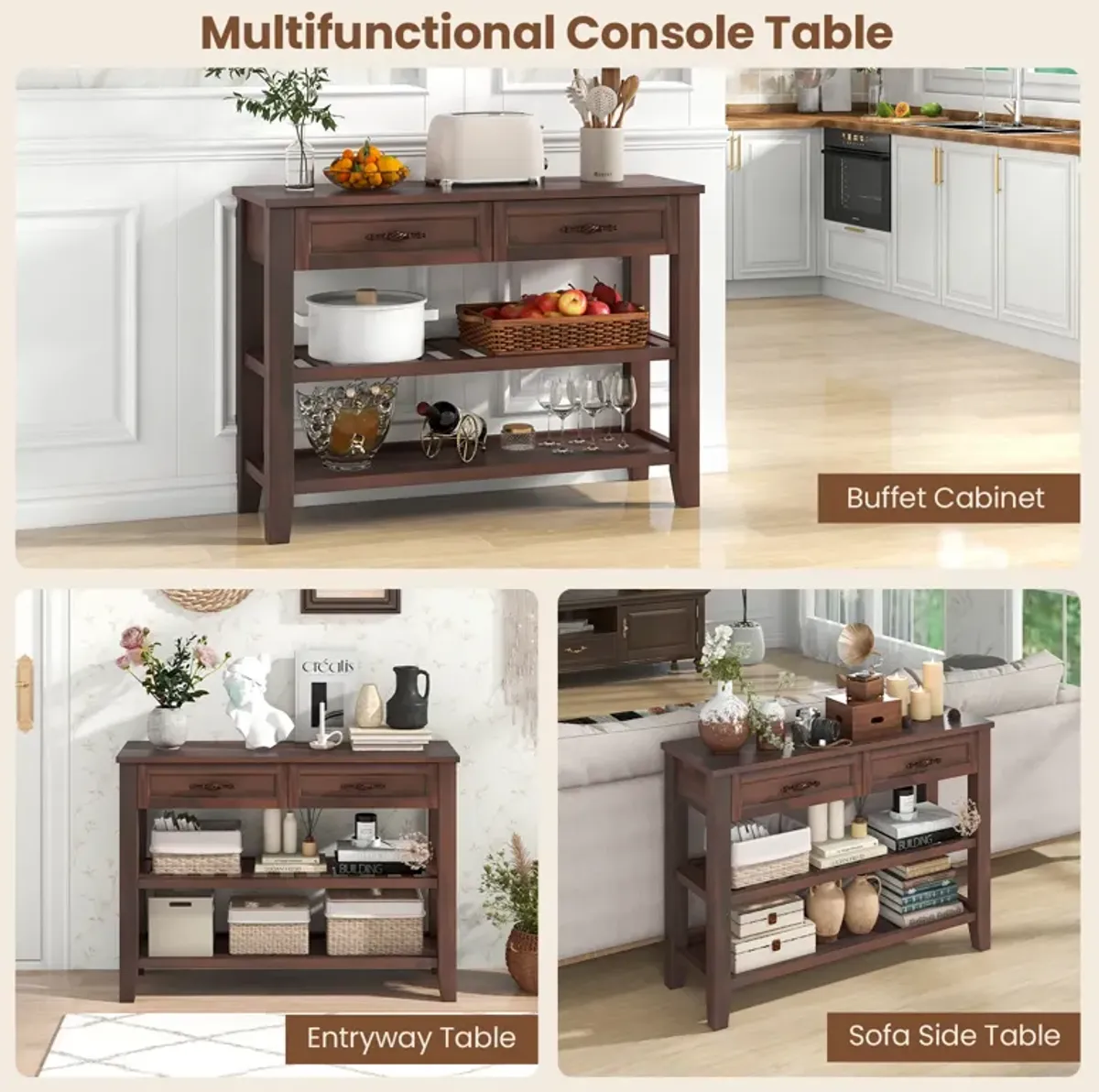 3-tier Console Table with 2 Drawers for Living Room Entryway