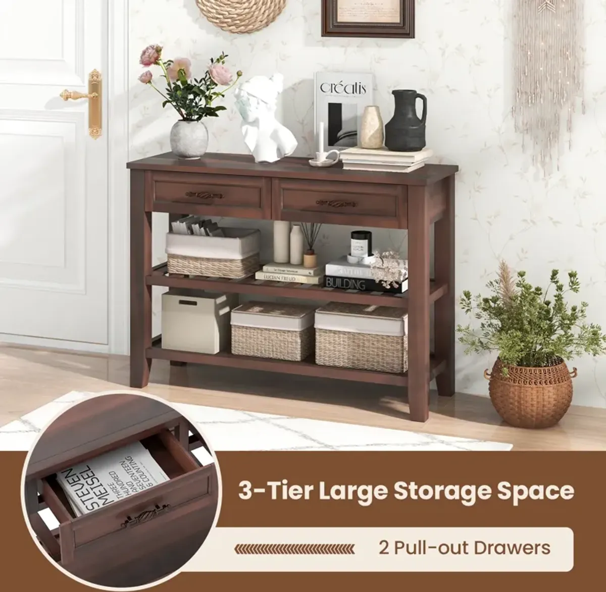 3-tier Console Table with 2 Drawers for Living Room Entryway