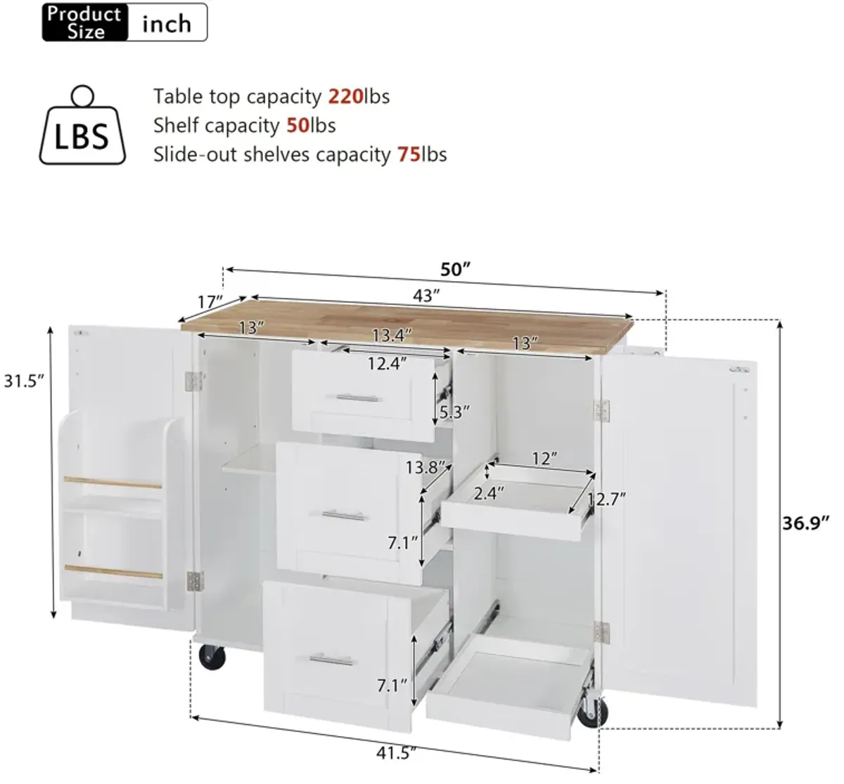 Rolling Kitchen Island with Storage, Kitchen Cart with Rubber Wood Top, 3 Drawer, 2 Slide-Out Shelf and Internal Storage Rack, Kitchen Island on Wheels with Spice Rack & Tower Rack