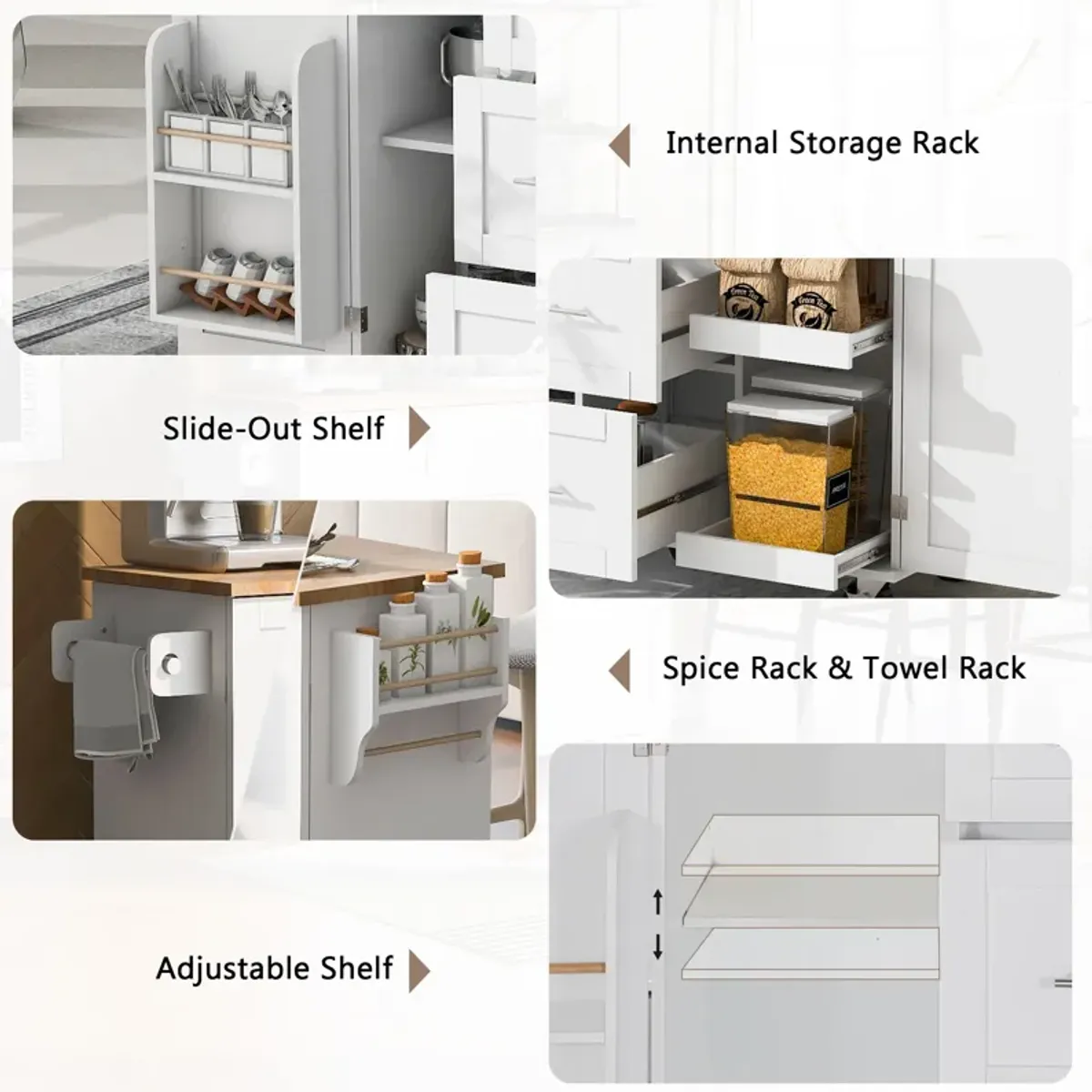 Rolling Kitchen Island with Storage, Kitchen Cart with Rubber Wood Top, 3 Drawer, 2 Slide-Out Shelf and Internal Storage Rack, Kitchen Island on Wheels with Spice Rack & Tower Rack