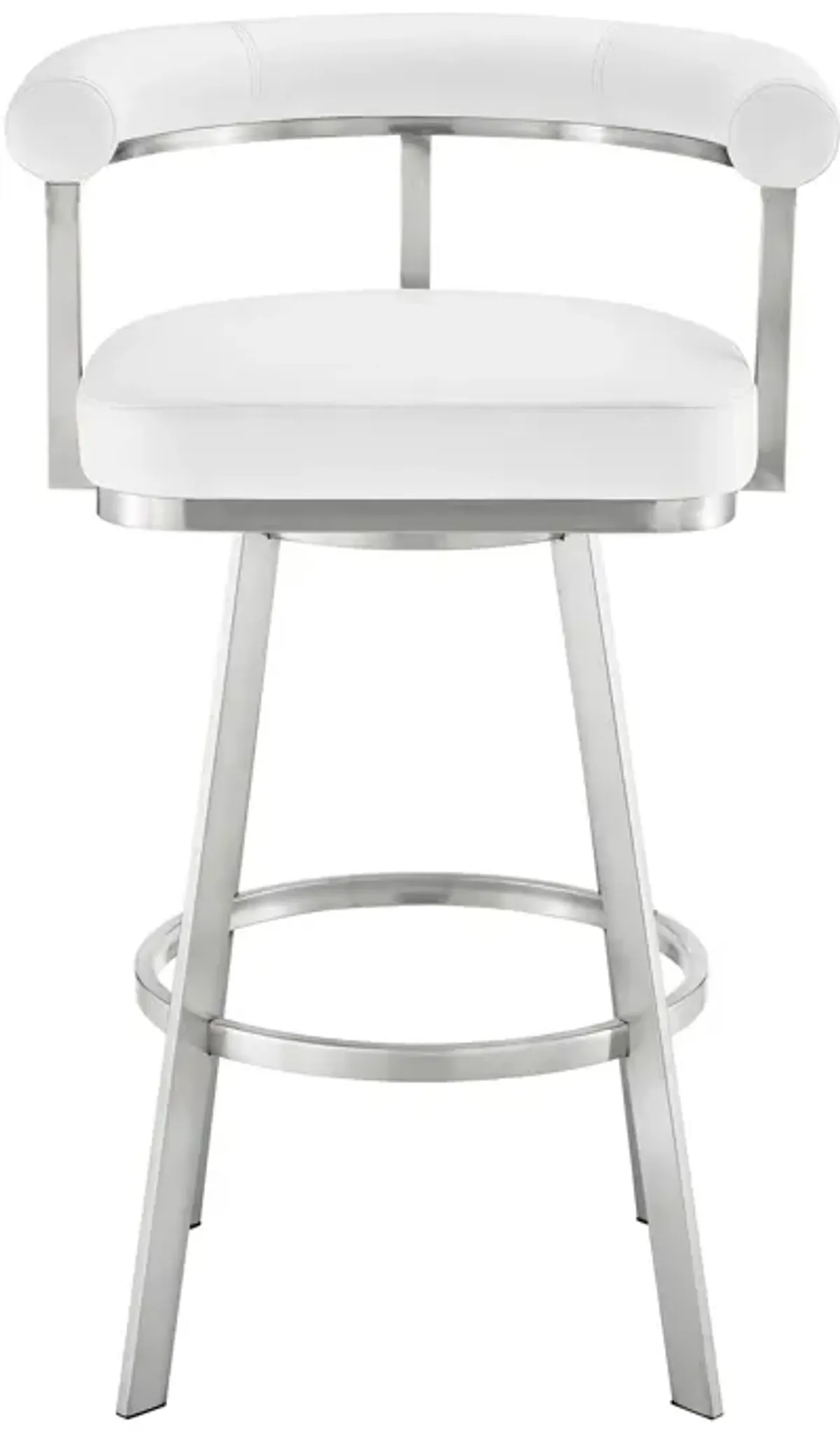 Gini 26 Inch Swivel Counter Stool, Round Back, Chrome, White Faux Leather - Benzara