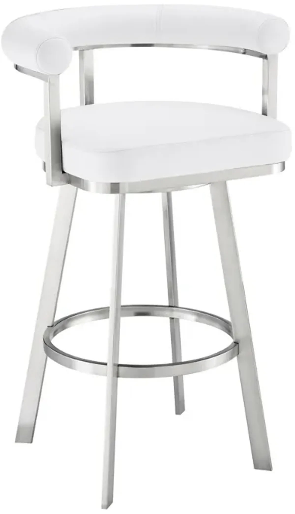 Gini 26 Inch Swivel Counter Stool, Round Back, Chrome, White Faux Leather - Benzara