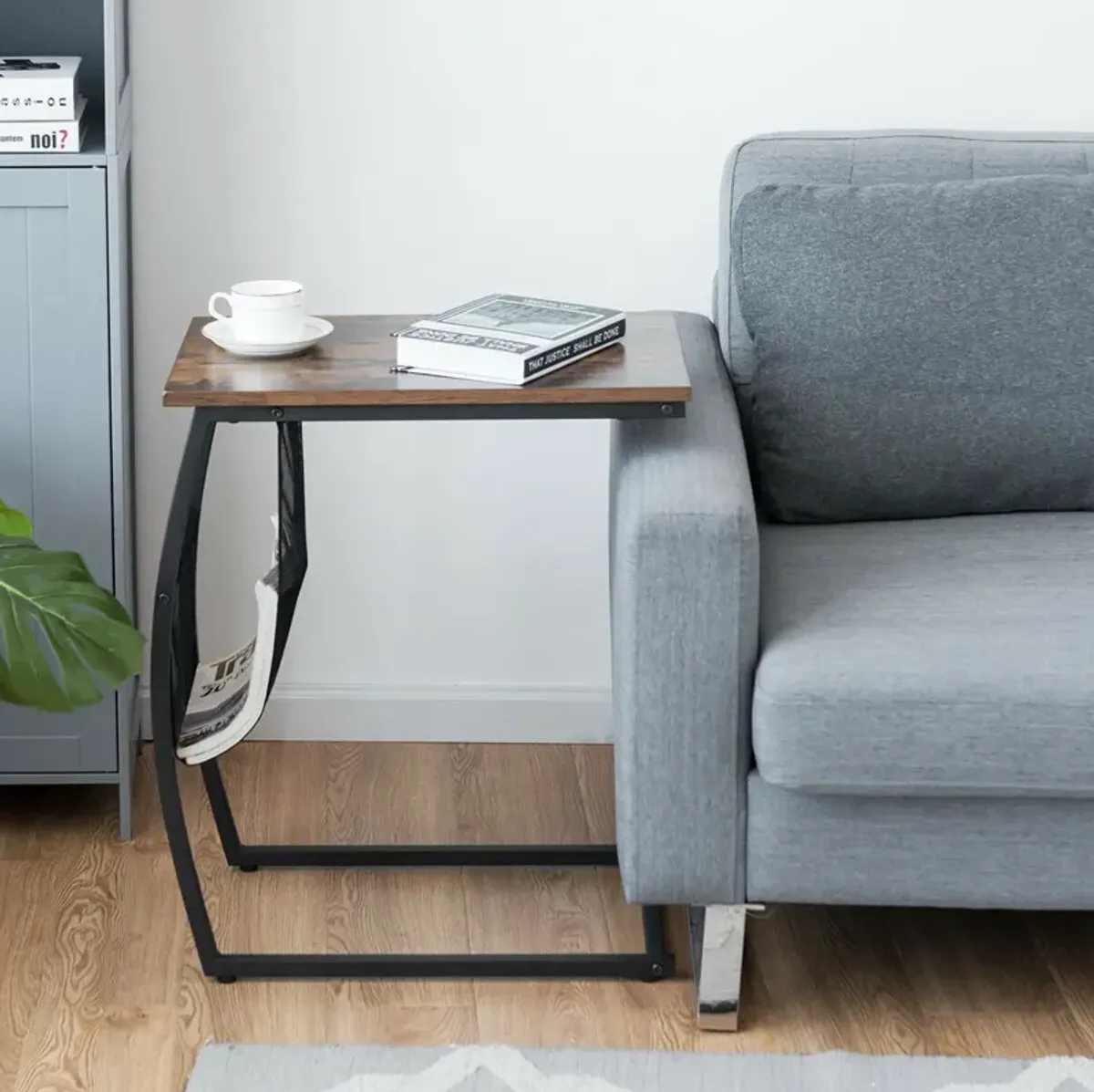 C-shaped Vintage End Table with Side Pocket and Metal Frame