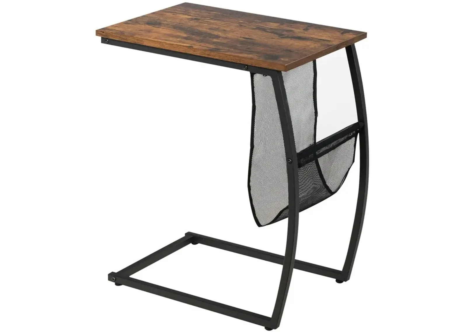 C-shaped Vintage End Table with Side Pocket and Metal Frame