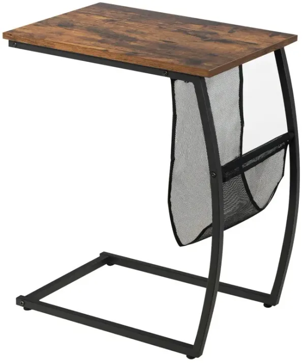 C-shaped Vintage End Table with Side Pocket and Metal Frame