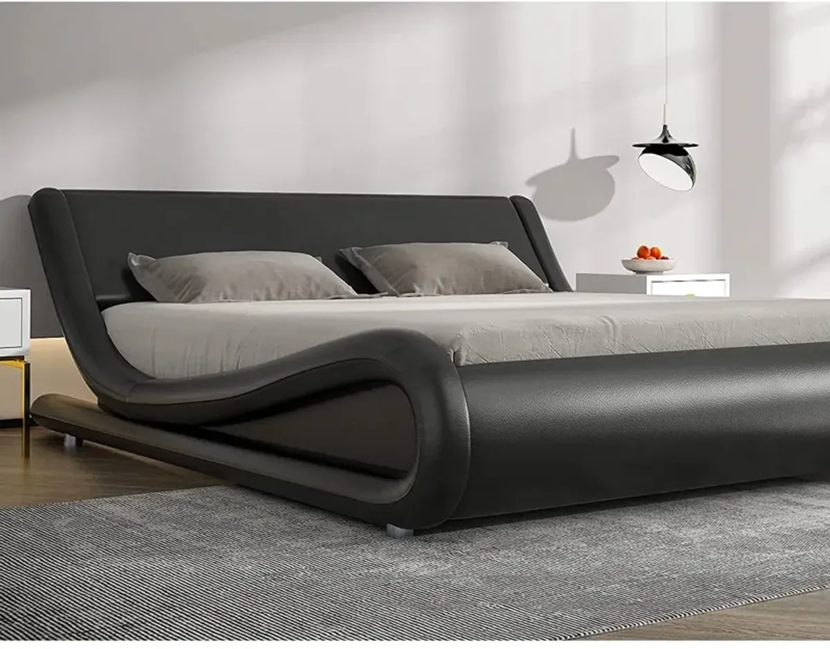 Hivvago Queen Modern Black Faux Leather Upholstered Platform Bed Frame with Headboard