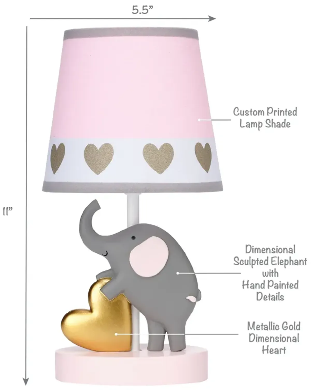 Bedtime Originals Eloise Pink/Gold Elephant and Heart Lamp & Shade with Bulb