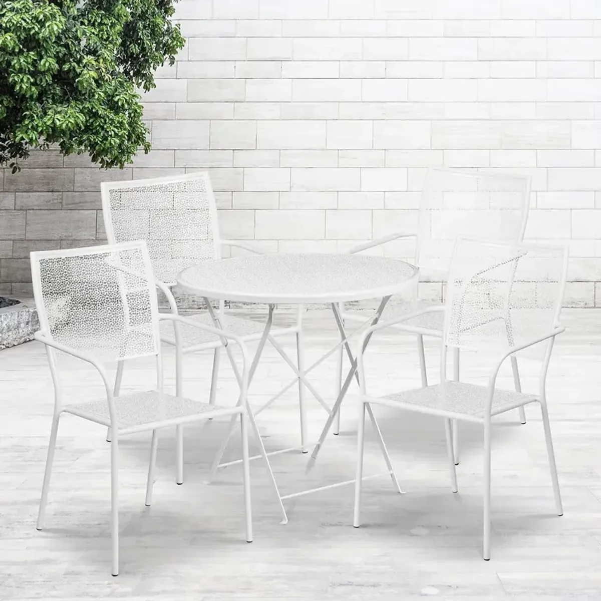 Flash Furniture Oia Commercial Grade 30" Round White Indoor-Outdoor Steel Folding Patio Table Set with 4 Square Back Chairs