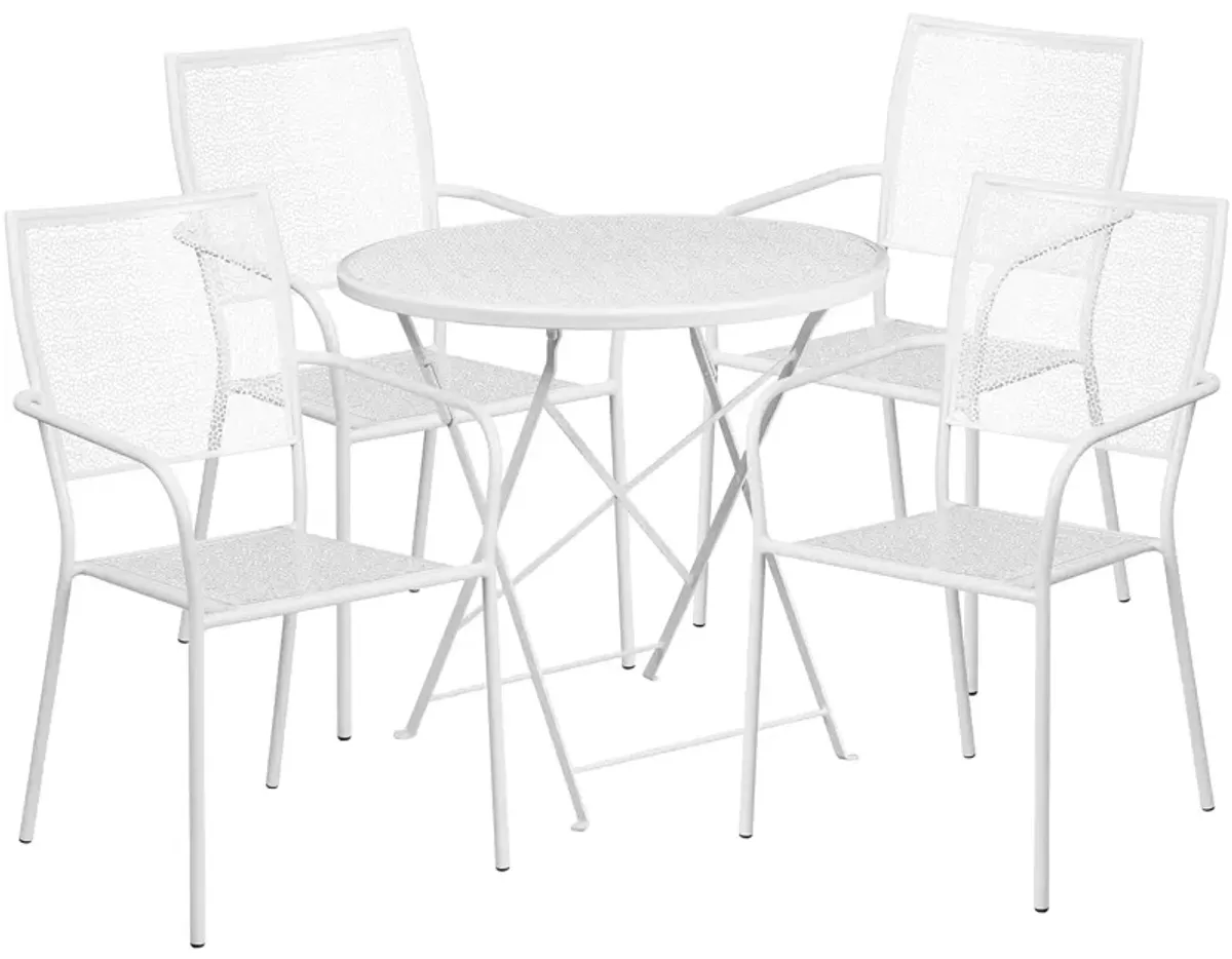 Flash Furniture Oia Commercial Grade 30" Round White Indoor-Outdoor Steel Folding Patio Table Set with 4 Square Back Chairs