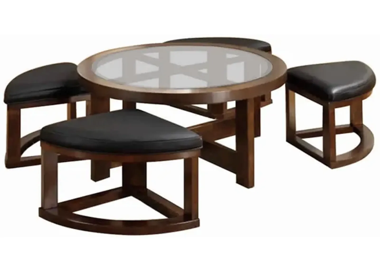 Gracious Round Wooden Coffee Table With Stylish Wedge Shaped 4 Ottomans-Benzara